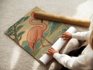 Flamingo Wall Art Print – Japanese Woodblock Style Tropical Bird with Sunset and Waves, Elegant Nature Poster, Free Shipping - Just Great Posters