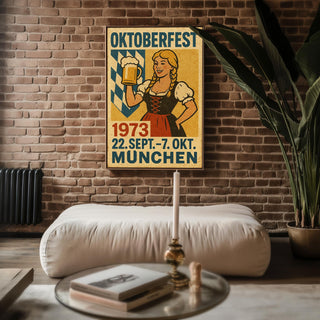 Oktoberfest 1973 Poster – Vintage German Beer Festival Wall Art with Dirndl & Bavarian Charm, Retro Munich Decor, Free Shipping - Just Great Posters
