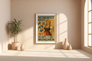 Oktoberfest 1973 Poster – Vintage German Beer Festival Wall Art with Dirndl & Bavarian Charm, Retro Munich Decor, Free Shipping - Just Great Posters