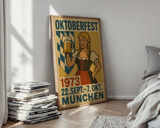 Oktoberfest 1973 Poster – Vintage German Beer Festival Wall Art with Dirndl & Bavarian Charm, Retro Munich Decor, Free Shipping - Just Great Posters