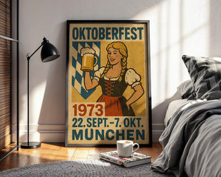 Oktoberfest 1973 Poster – Vintage German Beer Festival Wall Art with Dirndl & Bavarian Charm, Retro Munich Decor, Free Shipping - Just Great Posters