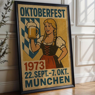 Oktoberfest 1973 Poster – Vintage German Beer Festival Wall Art with Dirndl & Bavarian Charm, Retro Munich Decor, Free Shipping - Just Great Posters