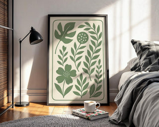 Minimal Botanical Wall Art in Sage Green – Modern Plant Print with Scandinavian Vibe, Eco Decor for Bedroom, Kitchen or Entryway - Just Great Posters