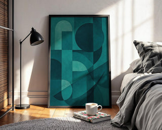 Teal Wall Art – Modern Midcentury Style Print with Minimal Shapes, Cool Blue Tones, Sophisticated Home Decor, Abstract and Unique - Just Great Posters