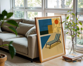 Poolside Wall Art – Retro Modern Summer Vibes Print in Bauhaus Style with Chair and Sun, Vacation Home Decor Poster - Just Great Posters