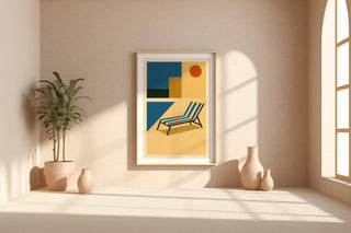Poolside Wall Art – Retro Modern Summer Vibes Print in Bauhaus Style with Chair and Sun, Vacation Home Decor Poster - Just Great Posters