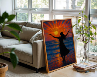 Sunset Ocean Silhouette Wall Art – Radiant Woman at Sea in Golden Hour Light, Spiritual Coastal Print for Calm Decor, Free Shipping - Just Great Posters