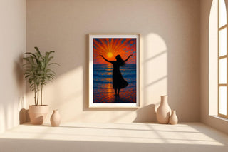 Sunset Ocean Silhouette Wall Art – Radiant Woman at Sea in Golden Hour Light, Spiritual Coastal Print for Calm Decor, Free Shipping - Just Great Posters