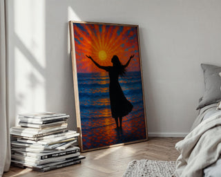 Sunset Ocean Silhouette Wall Art – Radiant Woman at Sea in Golden Hour Light, Spiritual Coastal Print for Calm Decor, Free Shipping - Just Great Posters