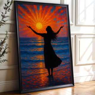 Sunset Ocean Silhouette Wall Art – Radiant Woman at Sea in Golden Hour Light, Spiritual Coastal Print for Calm Decor, Free Shipping - Just Great Posters