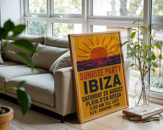 Ibiza Sunrise Party Poster – Retro Club Wall Art with Sun, Sea and Dancefloor Vibes, Bold Travel Print for DJs & Ravers, Free Shipping - Just Great Posters