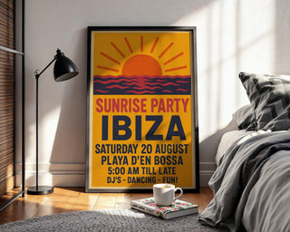 Ibiza Sunrise Party Poster – Retro Club Wall Art with Sun, Sea and Dancefloor Vibes, Bold Travel Print for DJs & Ravers, Free Shipping - Just Great Posters