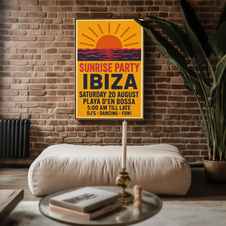 Ibiza Sunrise Party Poster – Retro Club Wall Art with Sun, Sea and Dancefloor Vibes, Bold Travel Print for DJs & Ravers, Free Shipping - Just Great Posters