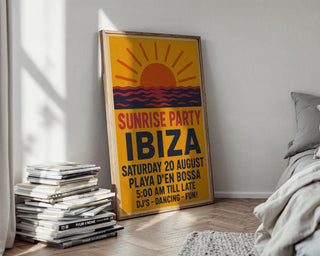Ibiza Sunrise Party Poster – Retro Club Wall Art with Sun, Sea and Dancefloor Vibes, Bold Travel Print for DJs & Ravers, Free Shipping - Just Great Posters