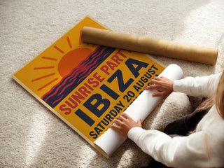 Ibiza Sunrise Party Poster – Retro Club Wall Art with Sun, Sea and Dancefloor Vibes, Bold Travel Print for DJs & Ravers, Free Shipping - Just Great Posters