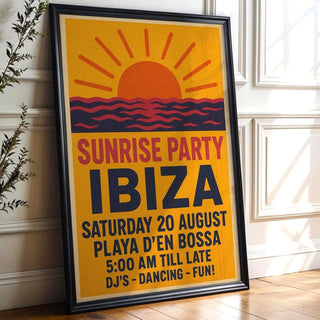 Ibiza Sunrise Party Poster – Retro Club Wall Art with Sun, Sea and Dancefloor Vibes, Bold Travel Print for DJs & Ravers, Free Shipping - Just Great Posters