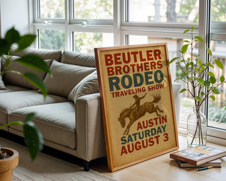 Beutler Brothers Rodeo Poster – Vintage Cowboy Bronco Wall Art from Texas Tour Show, Western Typography Print, Free Shipping - Just Great Posters