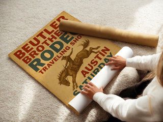 Beutler Brothers Rodeo Poster – Vintage Cowboy Bronco Wall Art from Texas Tour Show, Western Typography Print, Free Shipping - Just Great Posters