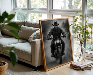 Cowboy Motorcycle Wall Art – Black & White Biker Photography Print, Western Rider Portrait for Modern Rustic Decor, Free Shipping - Just Great Posters
