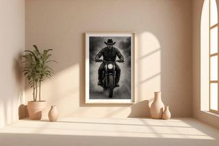 Cowboy Motorcycle Wall Art – Black & White Biker Photography Print, Western Rider Portrait for Modern Rustic Decor, Free Shipping - Just Great Posters