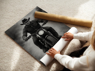 Cowboy Motorcycle Wall Art – Black & White Biker Photography Print, Western Rider Portrait for Modern Rustic Decor, Free Shipping - Just Great Posters