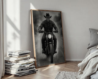 Cowboy Motorcycle Wall Art – Black & White Biker Photography Print, Western Rider Portrait for Modern Rustic Decor, Free Shipping - Just Great Posters