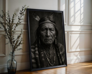 Native American Portrait – Powerful Black & White Photo Print with Cultural Detail and Tribal Strength, Heritage Wall Art, Free Shipping - Just Great Posters