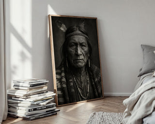 Native American Portrait – Powerful Black & White Photo Print with Cultural Detail and Tribal Strength, Heritage Wall Art, Free Shipping - Just Great Posters