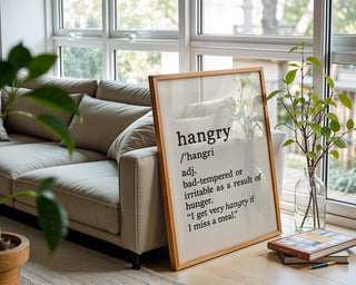 Hangry Definition Wall Art – Funny Kitchen Decor or Gift, Black and White Typography Print for Foodies, Snackers or Office Break Rooms - Just Great Posters