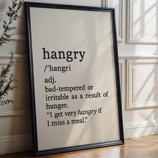 Hangry Definition Wall Art – Funny Kitchen Decor or Gift, Black and White Typography Print for Foodies, Snackers or Office Break Rooms - Just Great Posters