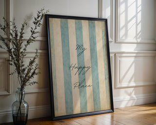 My Happy Place Wall Art – Pastel Blue Striped Typography Poster, Minimal Coastal Decor for Bedroom, Beach House, or Serene Home Vibes - Just Great Posters