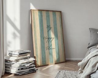 My Happy Place Wall Art – Pastel Blue Striped Typography Poster, Minimal Coastal Decor for Bedroom, Beach House, or Serene Home Vibes - Just Great Posters