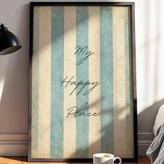 My Happy Place Wall Art – Pastel Blue Striped Typography Poster, Minimal Coastal Decor for Bedroom, Beach House, or Serene Home Vibes - Just Great Posters