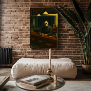 Horror Diner Poster – Horror Movie Mashup Wall Art, Edward Hopper Style Halloween Print for Fans of Slasher Films and Fine Art - Just Great Posters