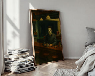 Horror Diner Poster – Horror Movie Mashup Wall Art, Edward Hopper Style Halloween Print for Fans of Slasher Films and Fine Art - Just Great Posters