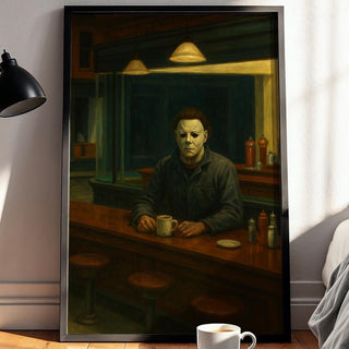 Horror Diner Poster – Horror Movie Mashup Wall Art, Edward Hopper Style Halloween Print for Fans of Slasher Films and Fine Art - Just Great Posters