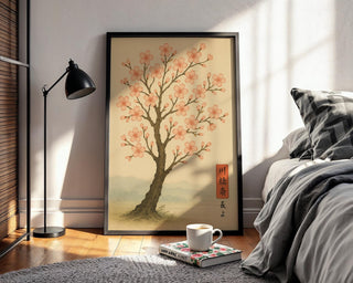 Cherry Blossom Tree Poster – Japanese Nature Wall Art, Minimalist Sakura Print with Birds, Zen Botanical Decor for Calm and Serene Spaces - Just Great Posters
