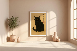Japanese Black Cat Poster – Minimalist Ink Style Animal Wall Art, Mystical Zen Feline Print for Witchy, Wabi - Sabi, or Spiritual Home Decor - Just Great Posters