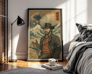 Cowboy Ukiyo - e Poster – Japanese Woodblock Western Mashup Print, Red Dead Inspired Art for Gamers, Samurai Fans or Bold Wall Decor - Just Great Posters