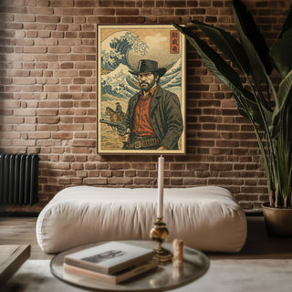 Cowboy Ukiyo - e Poster – Japanese Woodblock Western Mashup Print, Red Dead Inspired Art for Gamers, Samurai Fans or Bold Wall Decor - Just Great Posters