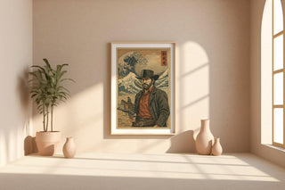 Cowboy Ukiyo - e Poster – Japanese Woodblock Western Mashup Print, Red Dead Inspired Art for Gamers, Samurai Fans or Bold Wall Decor - Just Great Posters