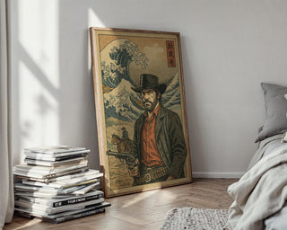 Cowboy Ukiyo - e Poster – Japanese Woodblock Western Mashup Print, Red Dead Inspired Art for Gamers, Samurai Fans or Bold Wall Decor - Just Great Posters
