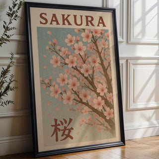 Sakura Cherry Blossom Poster – Vintage Japanese Spring Wall Art, Soft Pink Floral Print with Kanji for Zen, Japandi or Calm Nature Decor - Just Great Posters
