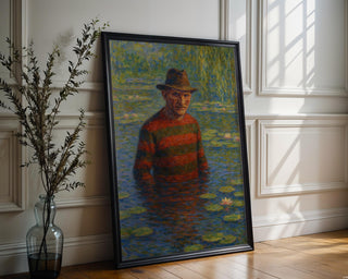 Freddy Monet Poster – Funny Horror Art Mashup, Impressionist Water Lilies Parody Print for Halloween, Goth or Cult Film Decor - Just Great Posters
