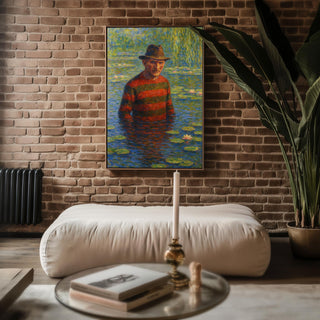 Freddy Monet Poster – Funny Horror Art Mashup, Impressionist Water Lilies Parody Print for Halloween, Goth or Cult Film Decor - Just Great Posters