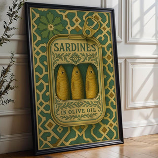 Sardine Tin Poster – Ornate Vintage Food Packaging Wall Art, Bold Kitchen Decor for Mediterranean Homes, Foodies or Cooks - Just Great Posters