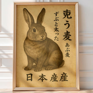 Chubby Bunny Japanese Poster – Vintage Animal Art Print with Kanji Text, Cute Kawaii Home Decor, Minimalist Wall Art for Cozy Vibes - Just Great Posters
