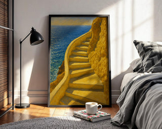 Seaside Steps Art Print – Dreamy Yellow Staircase Wall Poster, Coastal Mediterranean Decor, Summer Travel Vibes, Free Shipping Always - Just Great Posters
