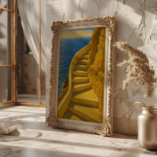 Seaside Steps Art Print – Dreamy Yellow Staircase Wall Poster, Coastal Mediterranean Decor, Summer Travel Vibes, Free Shipping Always - Just Great Posters