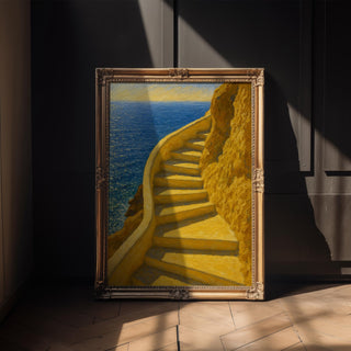 Seaside Steps Art Print – Dreamy Yellow Staircase Wall Poster, Coastal Mediterranean Decor, Summer Travel Vibes, Free Shipping Always - Just Great Posters
